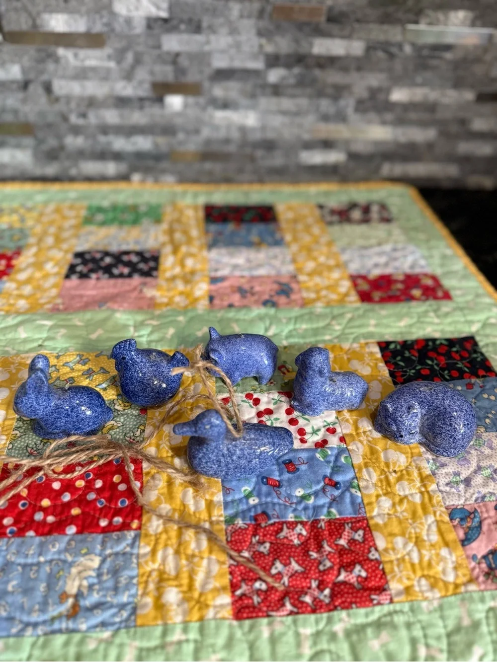 Vintage Set of Cottage Core Blue Speckled Ceramic Animal Ornaments or Figurines
